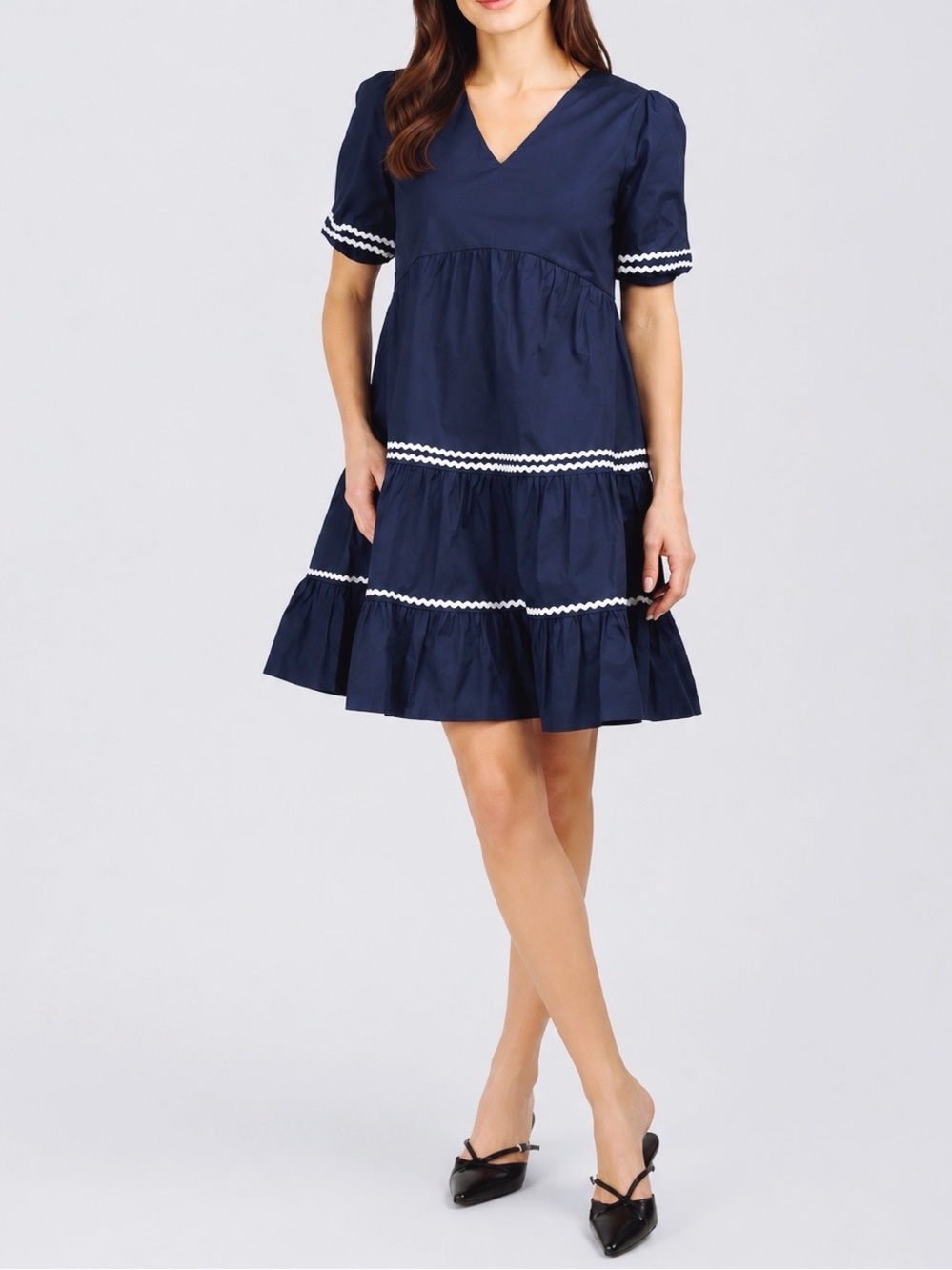 Cynthia Rowley Navy V-Neck Tiered Short Sleeve Ric Rac Trim Dress Size L